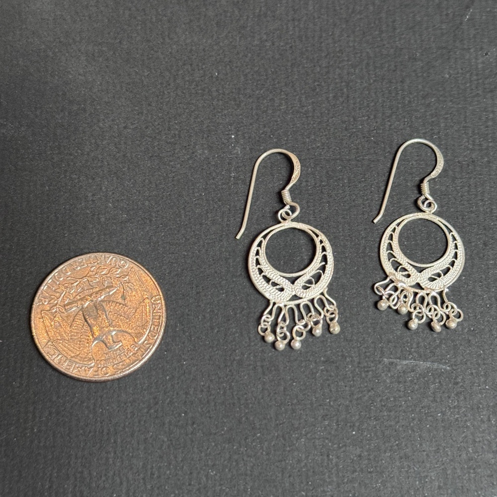 Handmade Taxco STERLING SILVER folkloric FILIGREE drop EARRINGS Like New - Picture 2 of 3